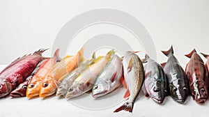 Various raw fish in a row, white background. Seafood assortment, menu. AI generated.