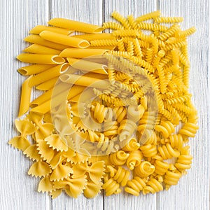The various raw pasta background