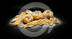 Various raw pasta types isolated on white background