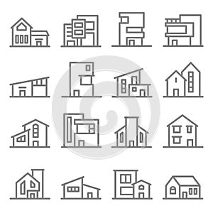 Various Real Estate Property Modern Style Buildings vector line icon set