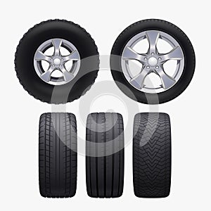 various realistic car wheels isolated in set