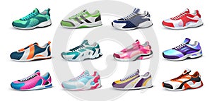 Various realistic sneakers. Colorful footwear. Collection of modern sport shoes for fitness and jogging and everyday