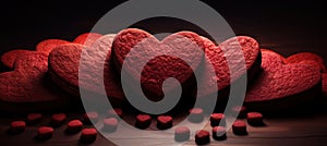 various red biscuits in a circle of hearts, emotionally complex, comfycore