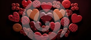 various red biscuits in a circle of hearts, emotionally complex, comfycore