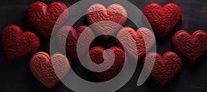 various red biscuits in a circle of hearts, emotionally complex, comfycore