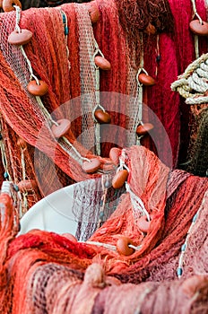 Various red fishing nets