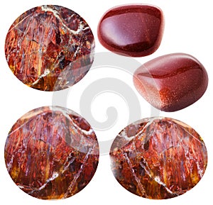 Various red sunstone cabochons and goldstones