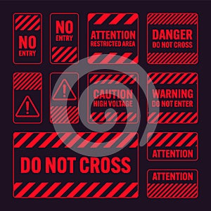 Various red warning signs with diagonal lines. Attention, danger or caution sign, construction site signage. Realistic