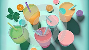 Various refreshing summer drinks in pastel colors. Summer time