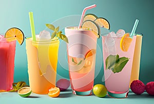 Various refreshing summer drinks in pastel colors. Summer time