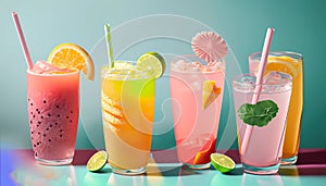 Various refreshing summer drinks in pastel colors. Summer time