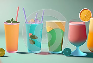 Various refreshing summer drinks in pastel colors. Summer time