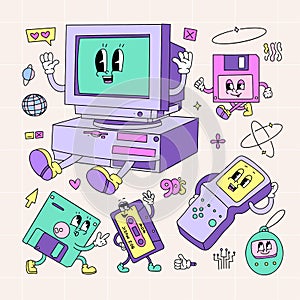 Various retro electronic storage devices characters set. Groove 90s cartoon style mascots of floppy disk or diskette photo