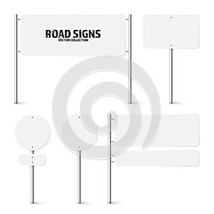 Various road, traffic signs. Highway signboard on a chrome metal pole. Blank white board with place for text