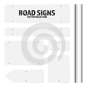 Various road, traffic signs. Highway signboard on a chrome metal pole. Blank white board with place for text