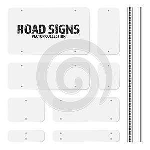 Various road, traffic signs. Highway signboard on a chrome metal pole. Blank white board with place for text