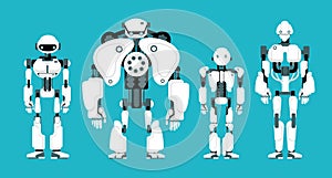 Various robot androids. Cute cartoon futuristic humanoid characters set