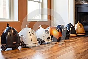 various robot vacuums displayed in a row, different models