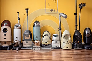 various robot vacuums displayed in a row, different models