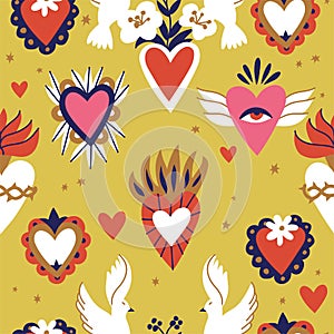 Various Sacred hearts. Traditional Mexican hearts. Hand drawn colored trendy vector illustration. Seamless pattern