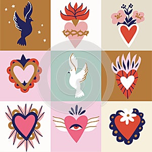 Various Sacred hearts. Traditional Mexican hearts. Hand drawn colored trendy vector illustration. Seamless pattern