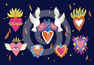 Various Sacred hearts. Traditional Mexican hearts. Hand drawn colored trendy vector illustration. Seamless pattern