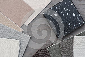 Various Samples of different colour Leather, Acrylic work surface on grey Floor