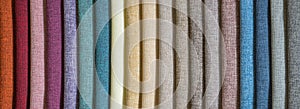 Various samples multicolored natural fabric background. Wide selection textiles. Long banner