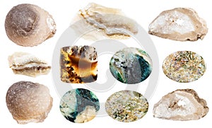 various samples of raw agate minerals isolated