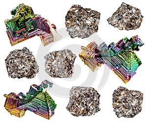 various samples of raw bismuth minerals isolated photo