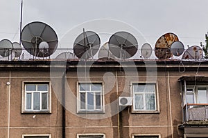 Various satellite dishes at a building in Dushanbe, capital of Tajikist