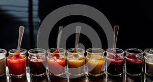 Various sauces, marinades and dressings in small bowls in a row, dark background. AI generated.