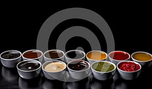 Various sauces, marinades and dressings in small bowls in a row, dark background. AI generated.