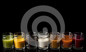 Various sauces, marinades and dressings in small bowls in a row, dark background. AI generated.