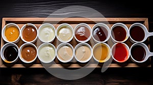 Various sauces, marinades and dressings in small bowls in a row, dark background. AI generated.