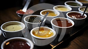 Various sauces, marinades and dressings in small bowls in a row, dark background. AI generated.