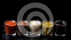 Various sauces, marinades and dressings in small bowls in a row, dark background. AI generated.