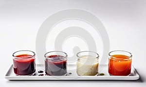 Various sauces, marinades and dressings in small bowls in a row, white background. AI generated.