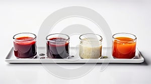 Various sauces, marinades and dressings in small bowls in a row, white background. AI generated.