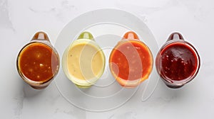 Various sauces, marinades and dressings in small bowls in a row, white background. AI generated.