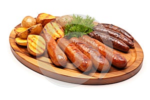 Various sausages on a wooden plate, potatoes, isolated, white background