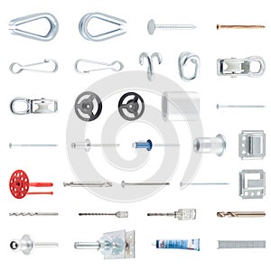 Various screws, balts and nuts on a white background