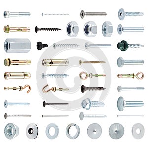 Various screws, balts and nuts on a white background