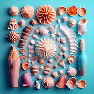 Various sea shells and starfish on pale blue background. generative AI