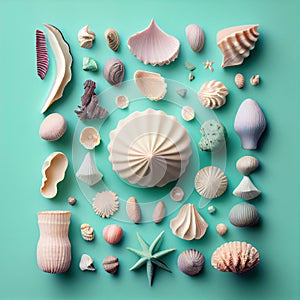 Various sea shells and starfish on pale blue background. generative AI