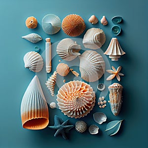 Various sea shells and starfish on pale blue background. generative AI