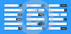 Various search bar templates. Internet browser engine with search box, address bar and text field. UI design, website