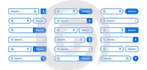 Various search bar templates. Internet browser engine with search box, address bar and text field. UI design, website