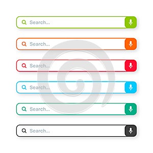Various search bar templates. Internet browser engine with search box, address bar and text field. UI design, website