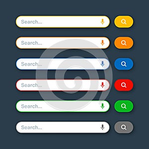 Various search bar templates. Internet browser engine with search box, address bar and text field. UI design, website